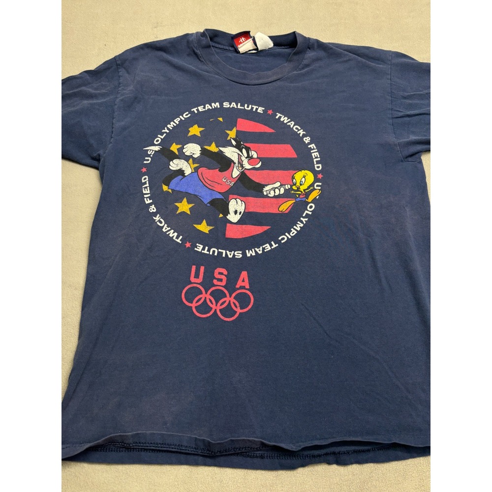 Vintage 1996 US Olympic Team Salute Sylvester Tweety Track Field T-Shirt Navy